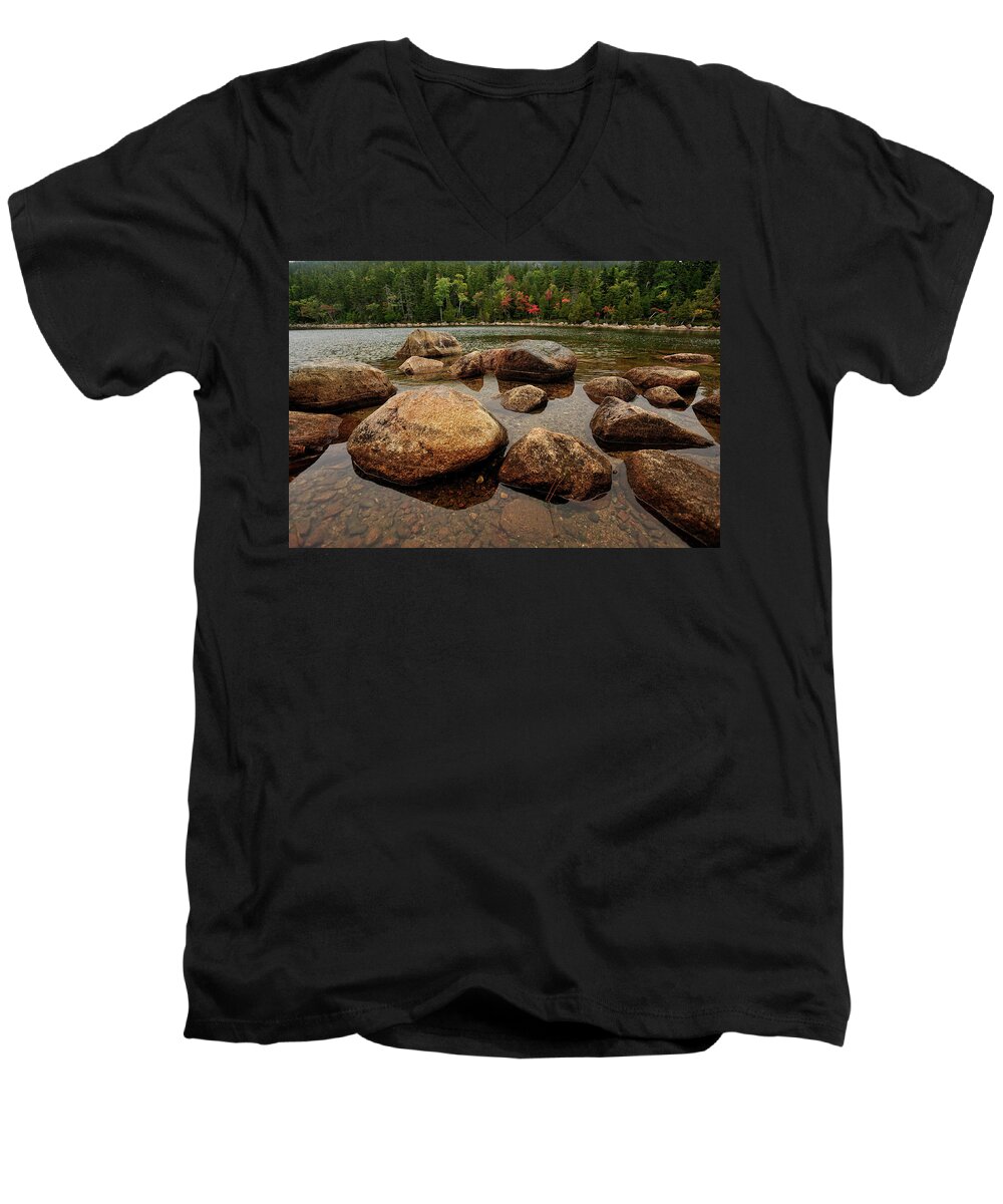 Maine Men's V-Neck T-Shirt featuring the photograph Jordon Pond Boulders by Tom Gresham