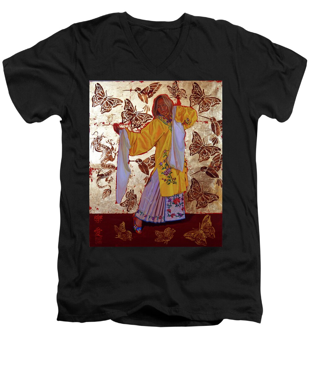 Dragon Men's V-Neck T-Shirt featuring the painting Joyful Love by Thu Nguyen