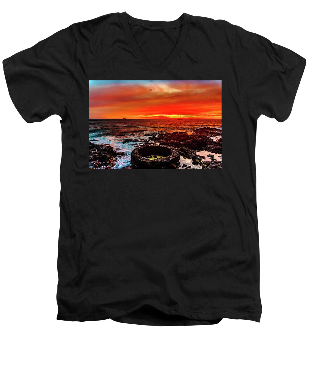 Men's V-Neck T-Shirt featuring the photograph Lava Bath after Sunset by John Bauer