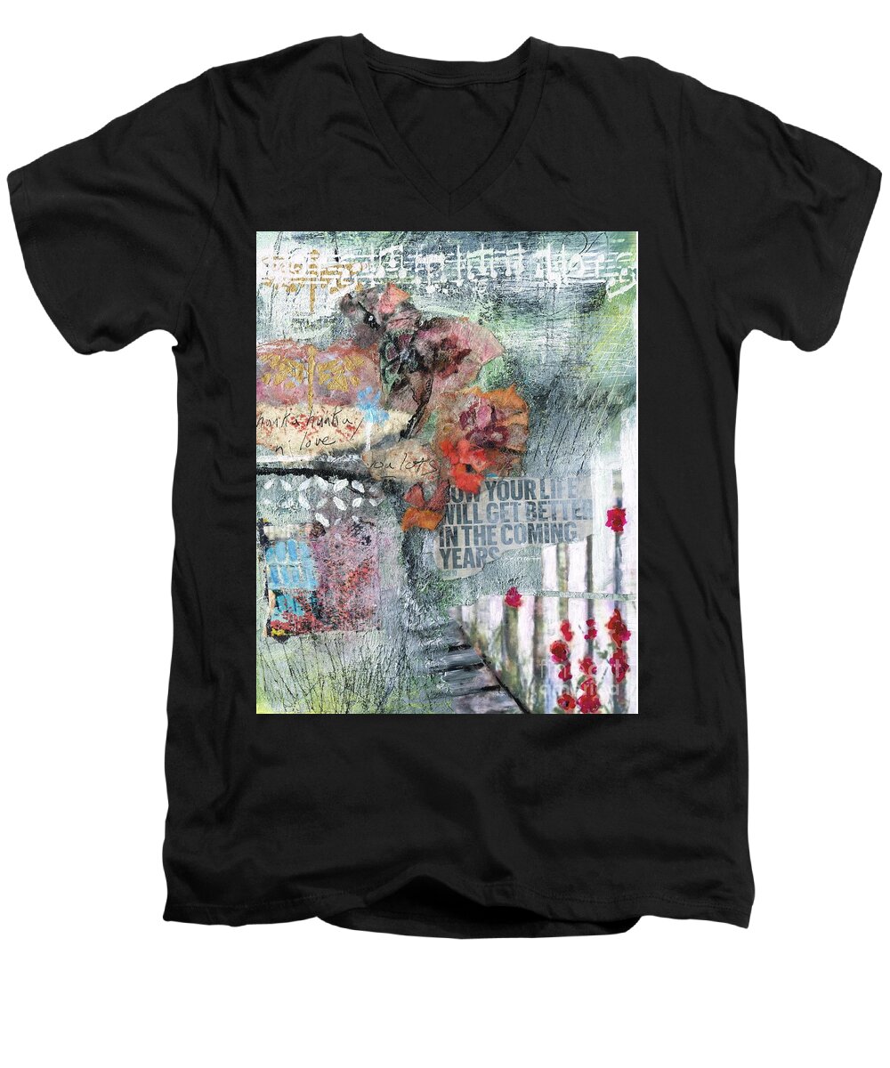 Flowers Men's V-Neck T-Shirt featuring the painting Life Gets Better with Age by Frances Marino