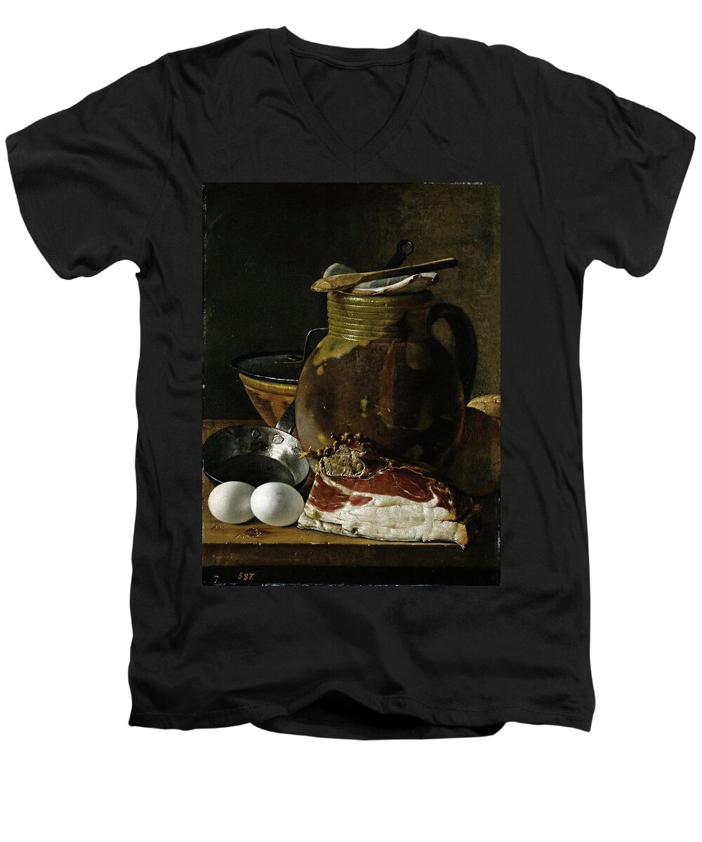 Luis Egidio Melendez Men's V-Neck T-Shirt featuring the painting Luis Egidio Melendez / 'Bodegon con jamon, huevos y recipientes', Late 18th century, Spanish School. by Luis Melendez -1716-1780-