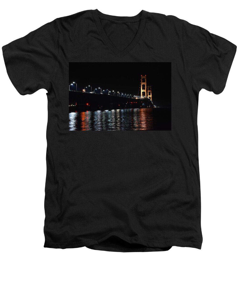 Mackinac Bridge Men's V-Neck T-Shirt featuring the photograph Mackinac Lights by Keith Stokes