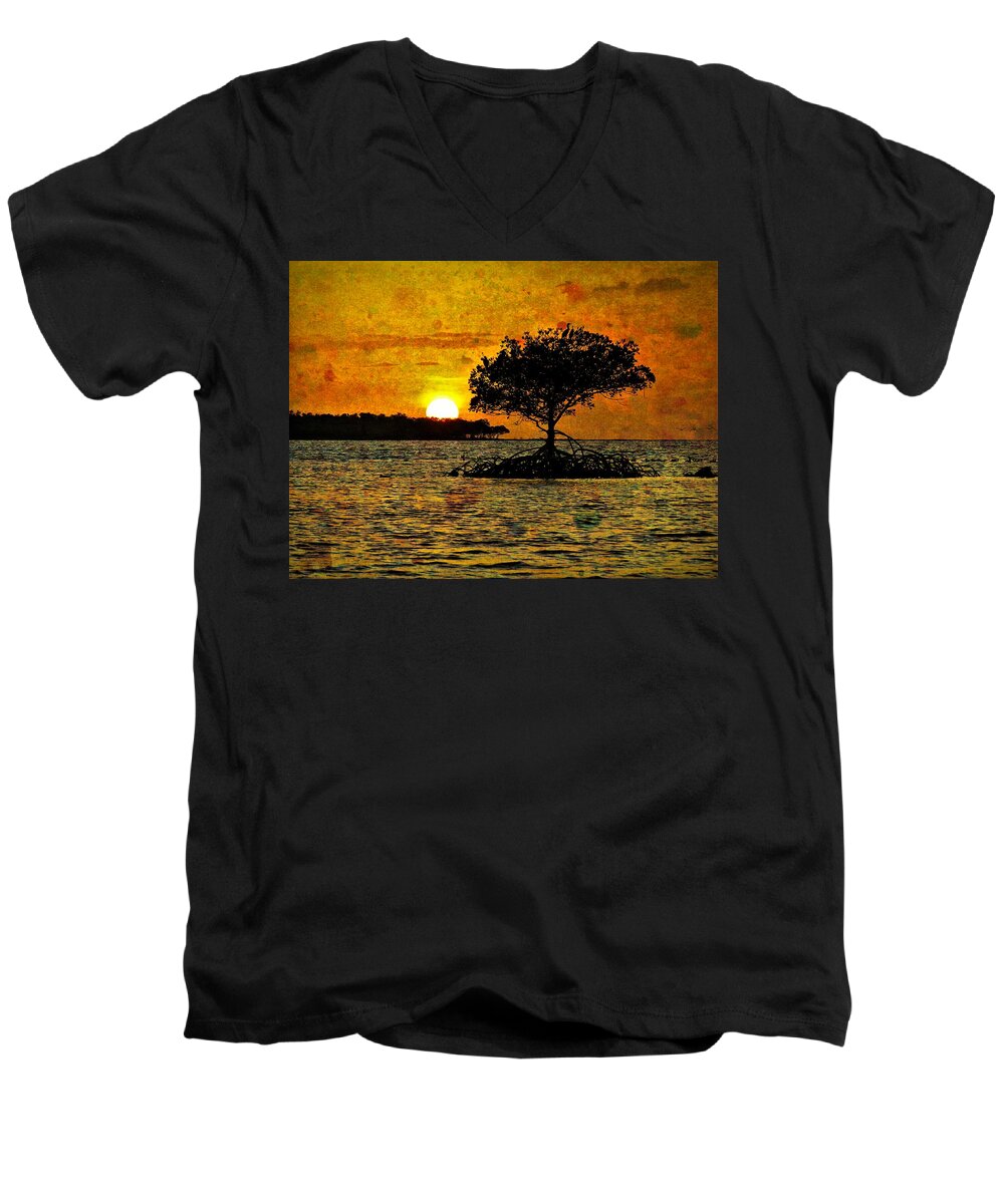 Weipa Men's V-Neck T-Shirt featuring the photograph Mangrove Silhouettes Painted Sky Sunset by Joan Stratton