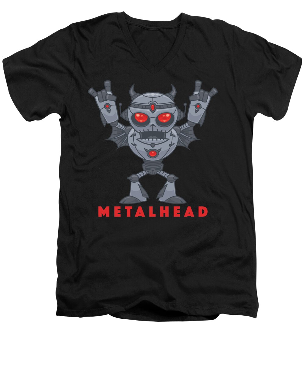 Robot Men's V-Neck T-Shirt featuring the digital art Metalhead - Heavy Metal Robot Devil - With Text by John Schwegel