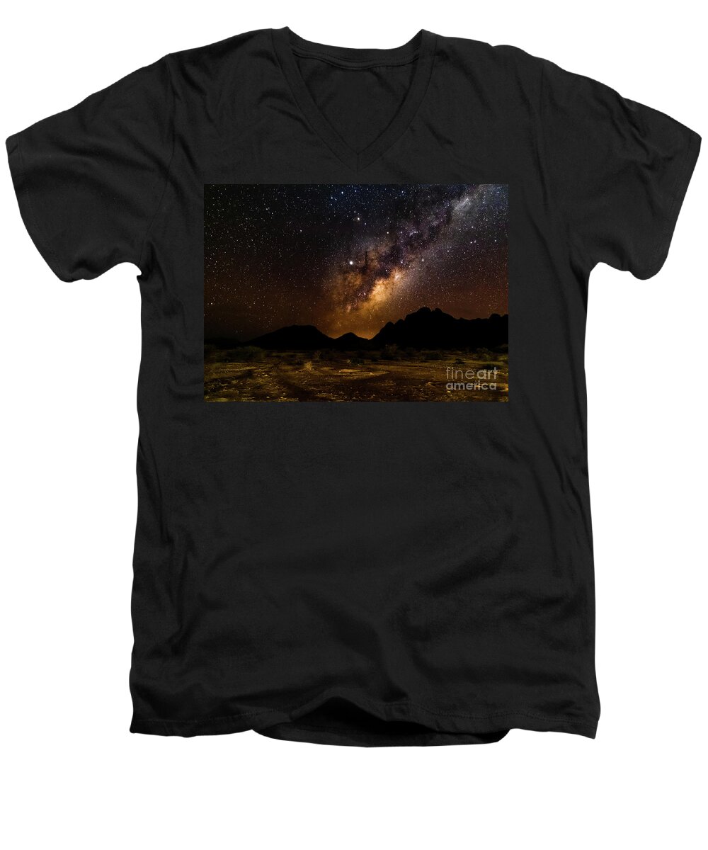Milkyway Men's V-Neck T-Shirt featuring the photograph Milkyway over Spitzkoppe #2, Namibia by Lyl Dil Creations