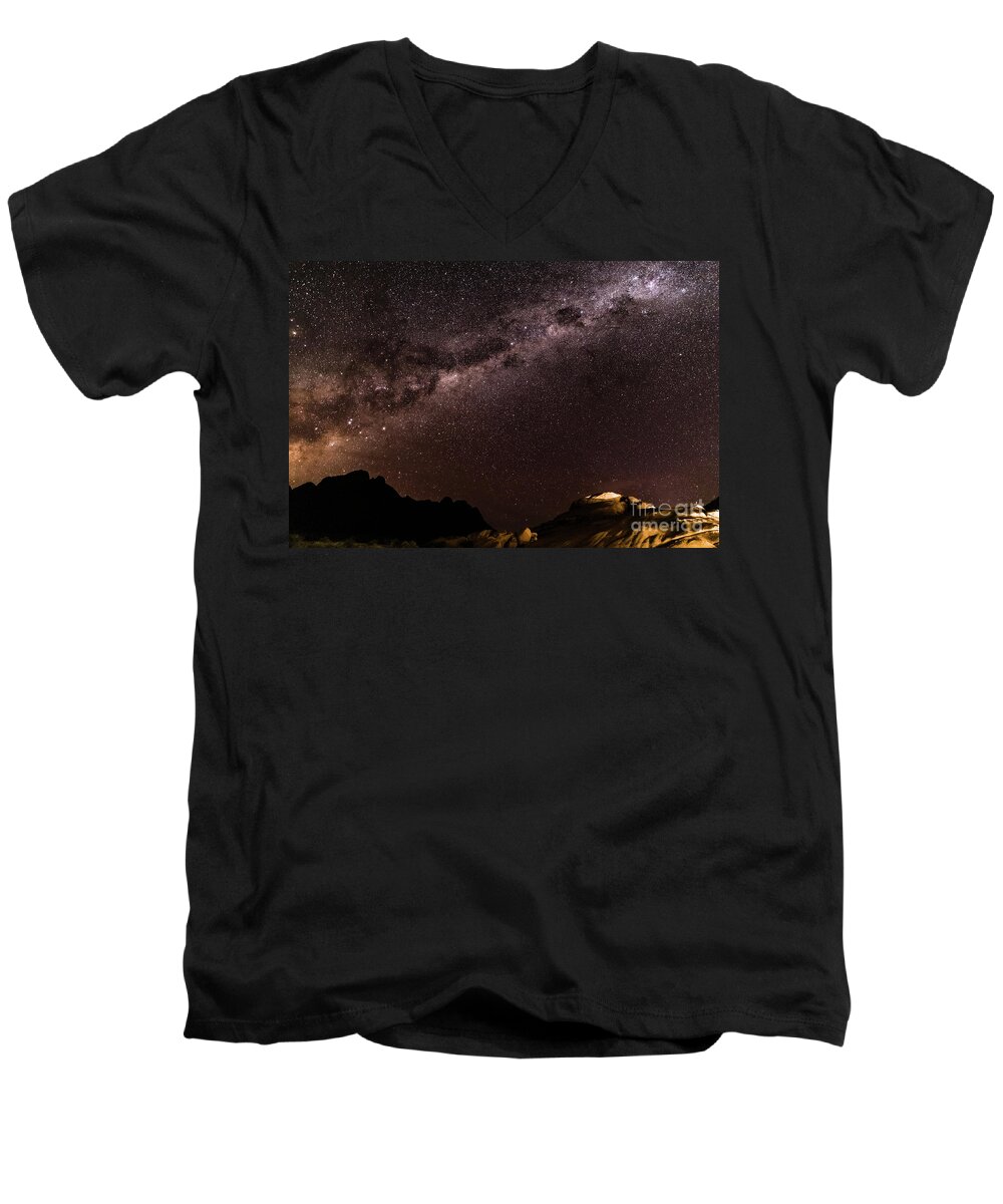 Milkyway Men's V-Neck T-Shirt featuring the photograph Milkyway over Spitzkoppe, Namibia by Lyl Dil Creations