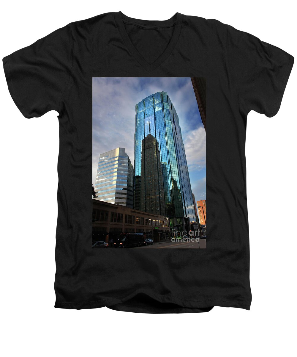 Minneapolis Skyline Men's V-Neck T-Shirt featuring the photograph Minneapolis Skyline Photography Foshay Tower by Wayne Moran