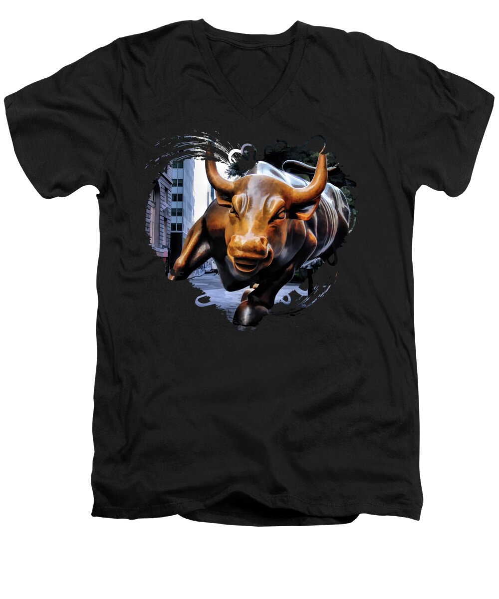 New York Men's V-Neck T-Shirt featuring the painting New York City Wall Street Charging Bull by Christopher Arndt