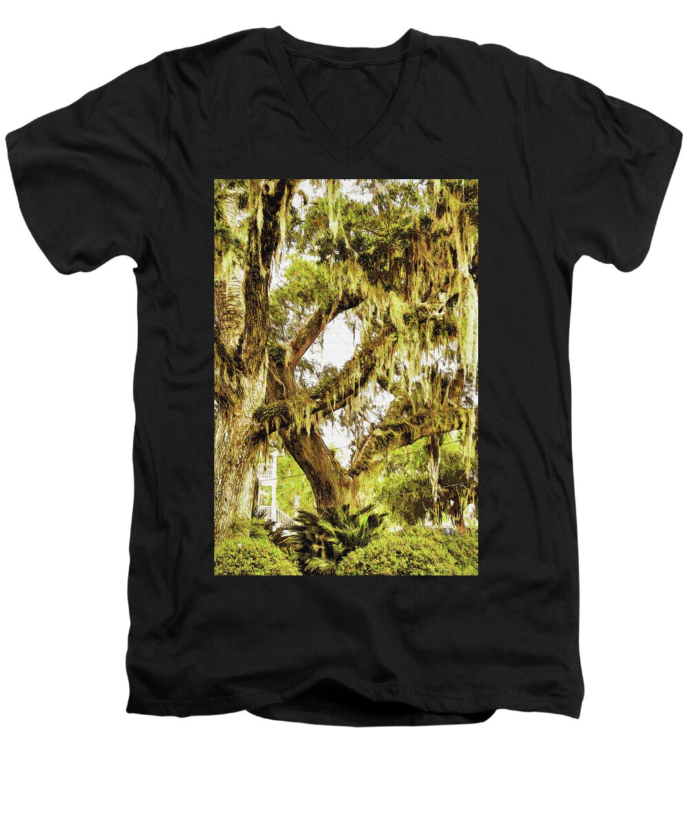Moss Men's V-Neck T-Shirt featuring the digital art Old Mossy Oaks by Barry Jones