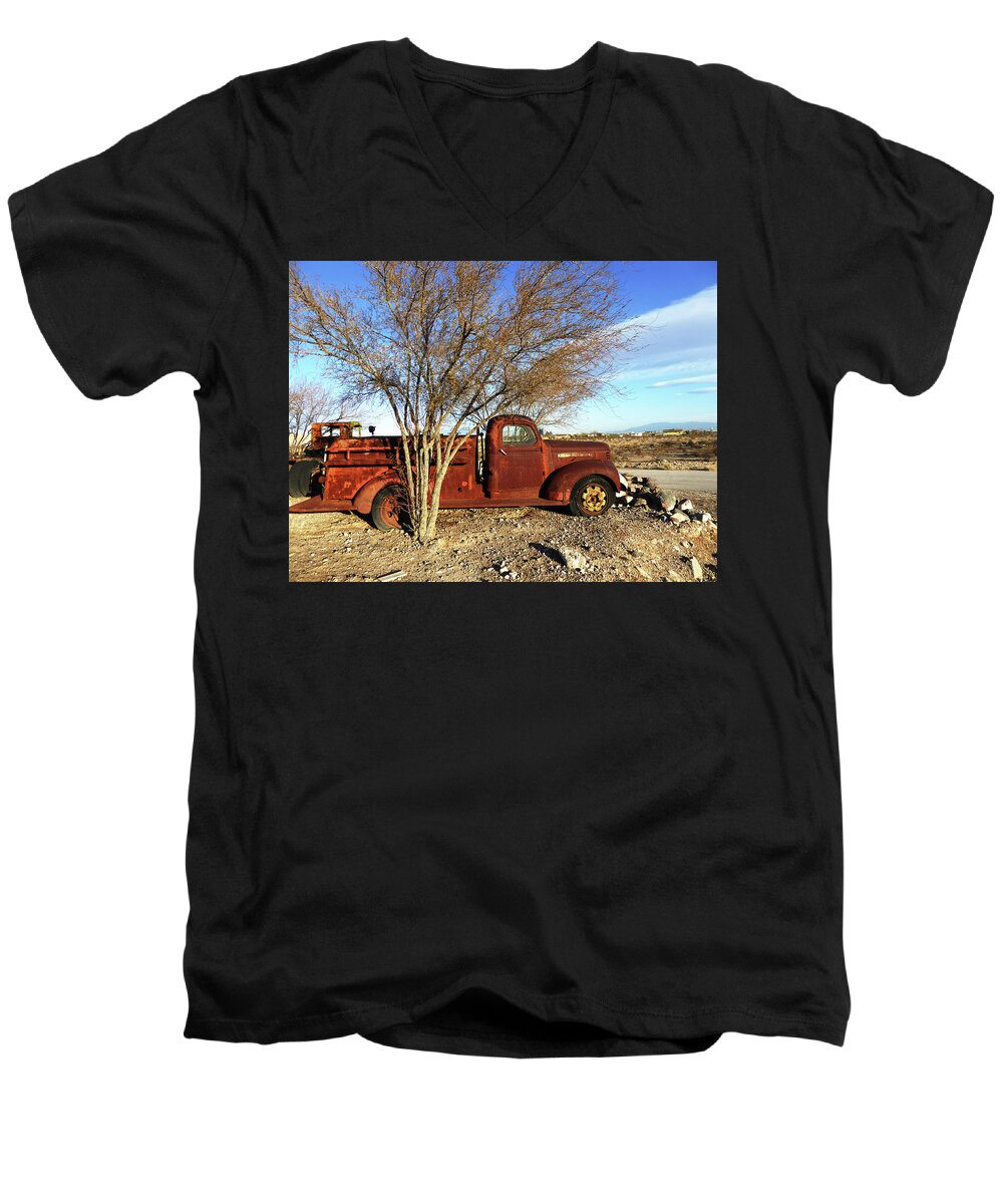 Old Men's V-Neck T-Shirt featuring the photograph Old Red Fire Truck by Alan Socolik