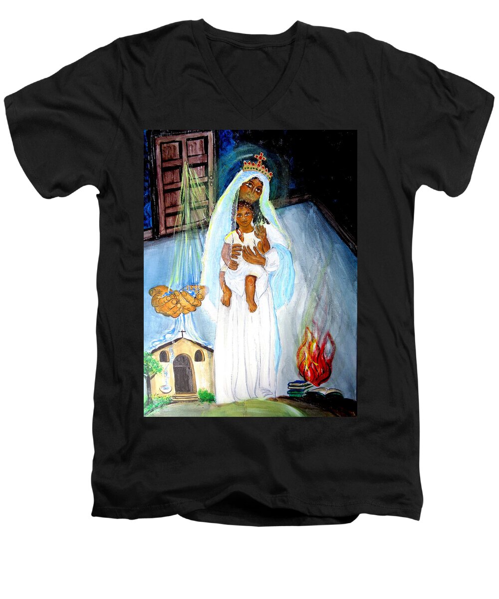 Virgin Queen Men's V-Neck T-Shirt featuring the painting Our Lady of Victories by Sarah Hornsby
