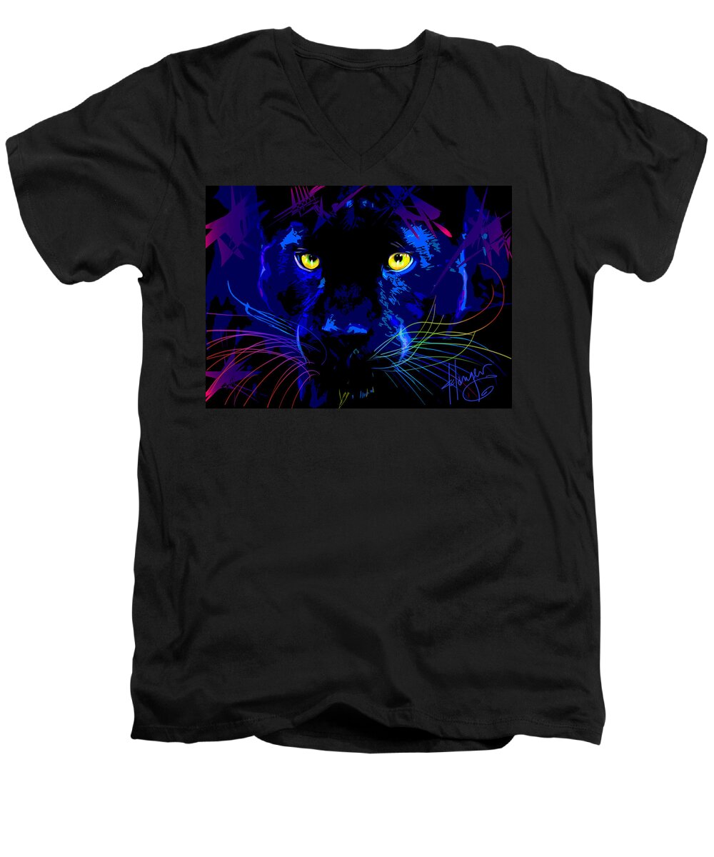 Black Cat Men's V-Neck T-Shirt featuring the painting pOpCat Black Panther by DC Langer