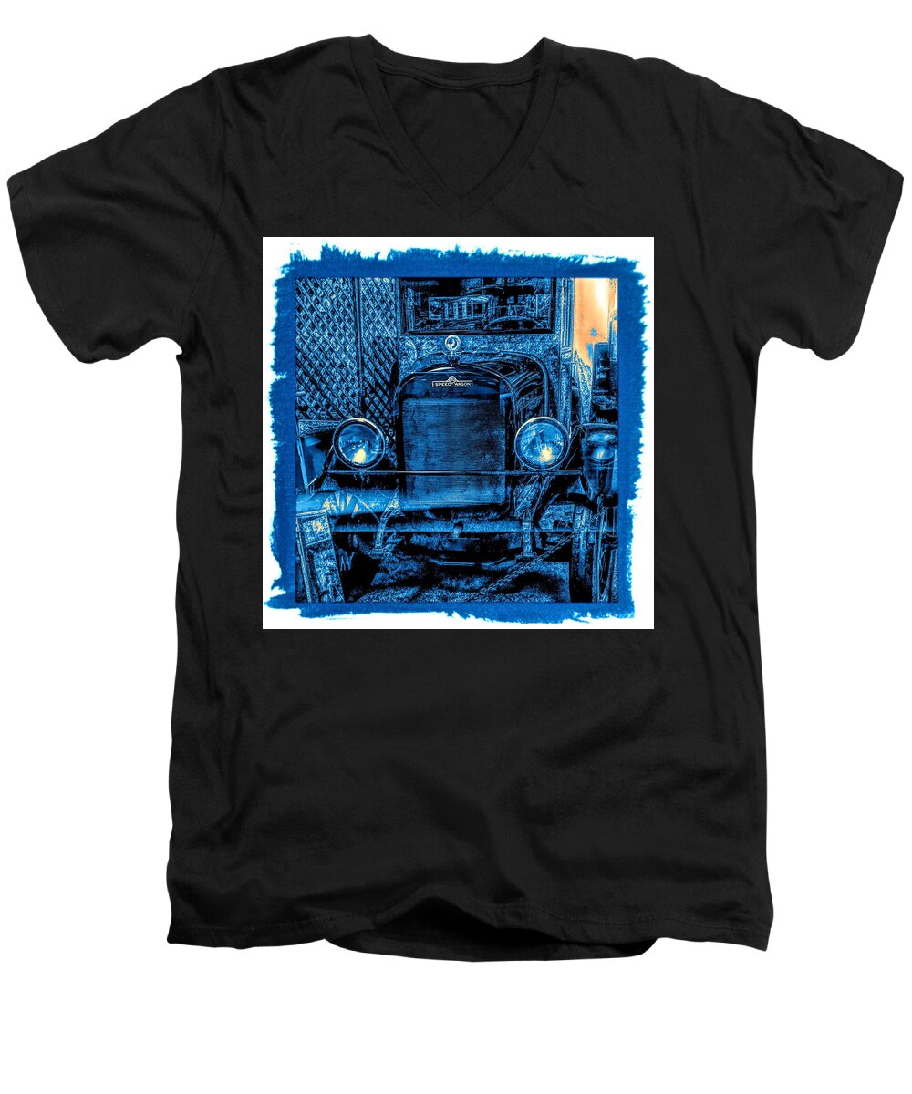 Reo Speed Wagon Men's V-Neck T-Shirt featuring the photograph REO Speed Wagon Blue Grunge by Joan Stratton
