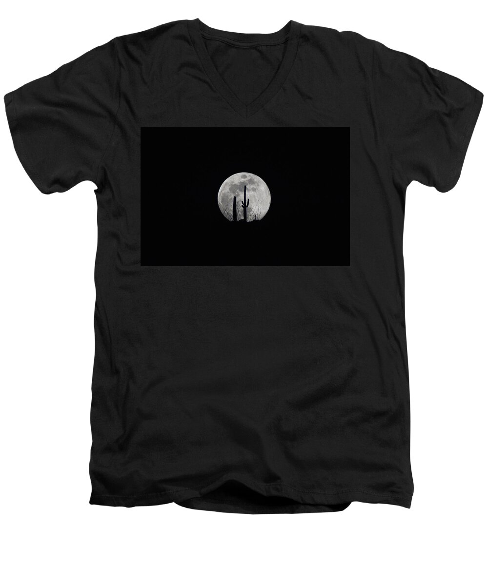 Moon Men's V-Neck T-Shirt featuring the photograph Saguaro Moon Silhouette by Chance Kafka
