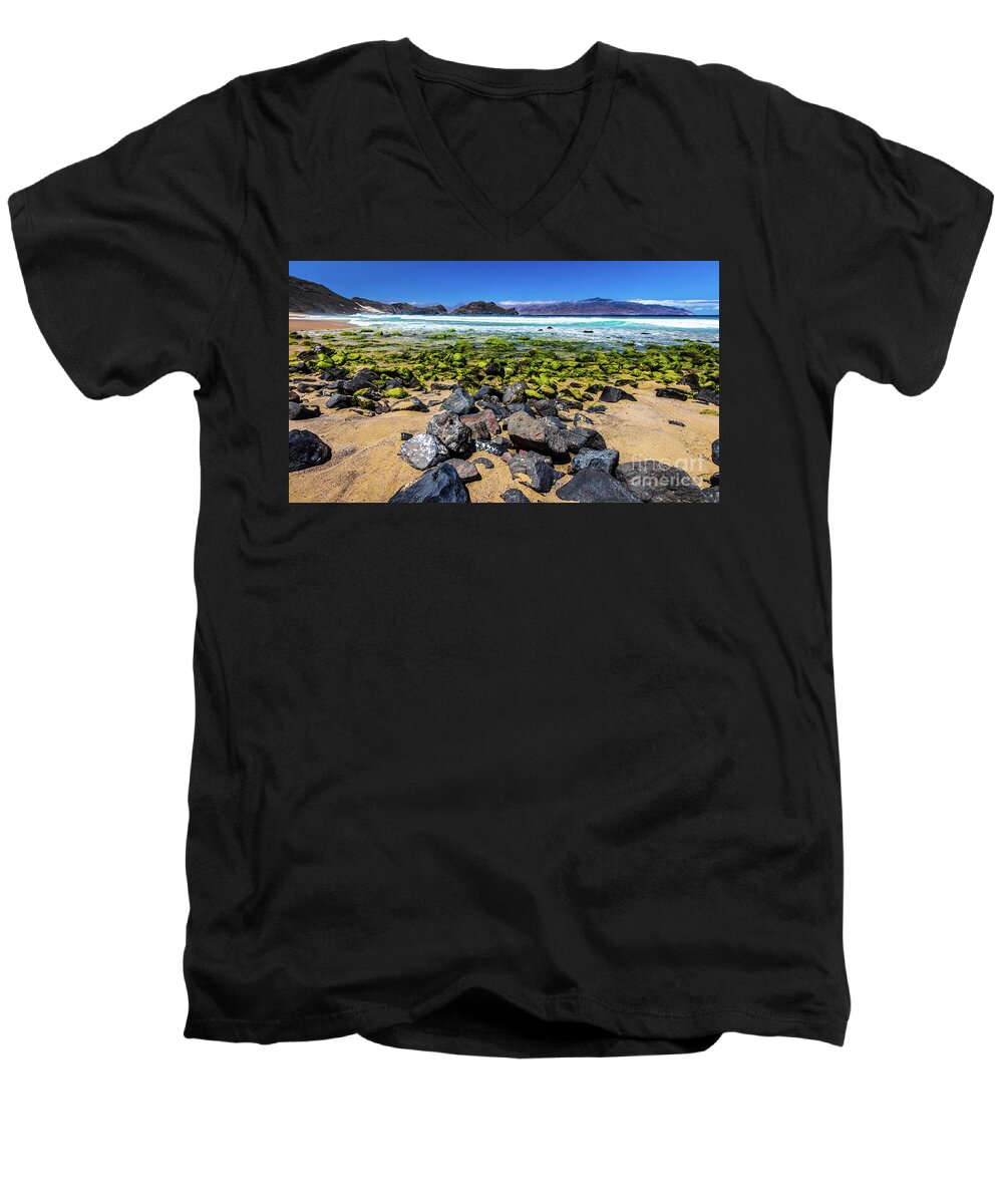 Beach Men's V-Neck T-Shirt featuring the photograph Salamansa beach, Sao Vincente, Cape Verde by Lyl Dil Creations