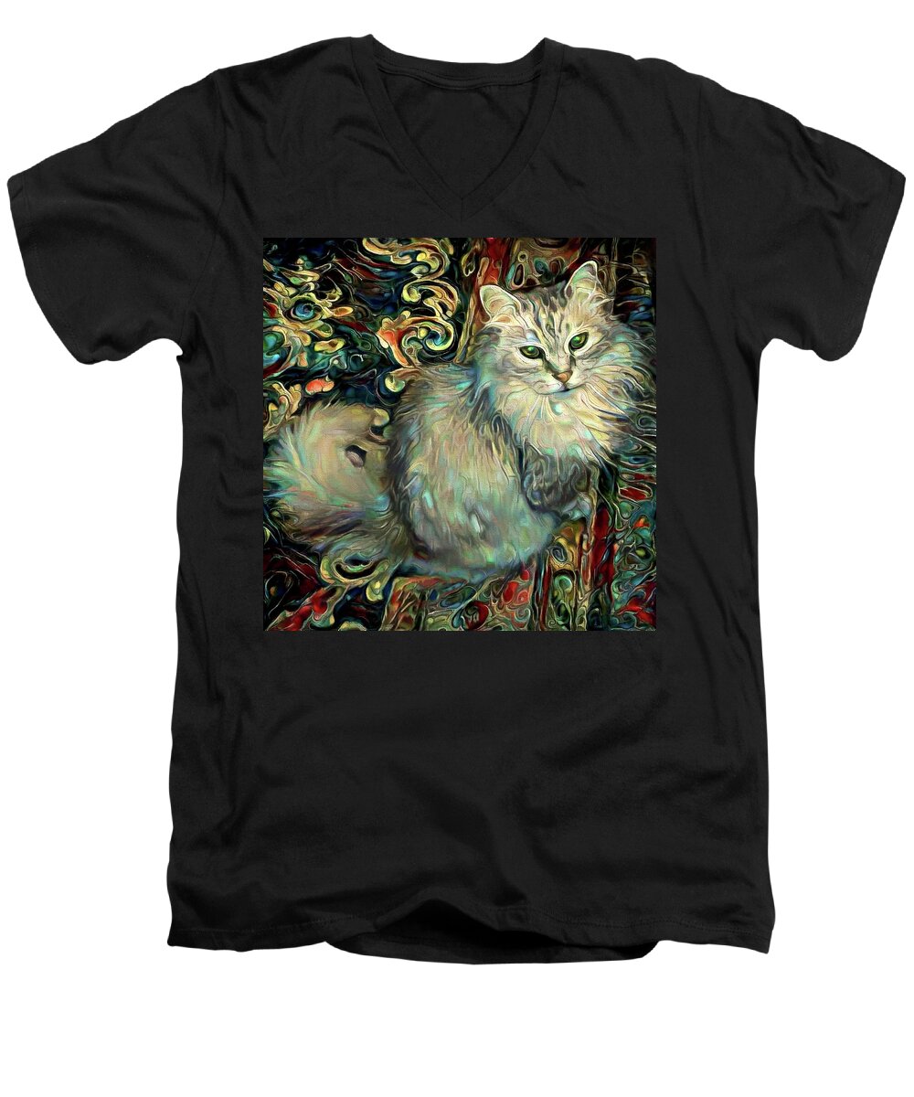 Maine Coon Cat Men's V-Neck T-Shirt featuring the digital art Samson the Silver Maine Coon Cat by Peggy Collins