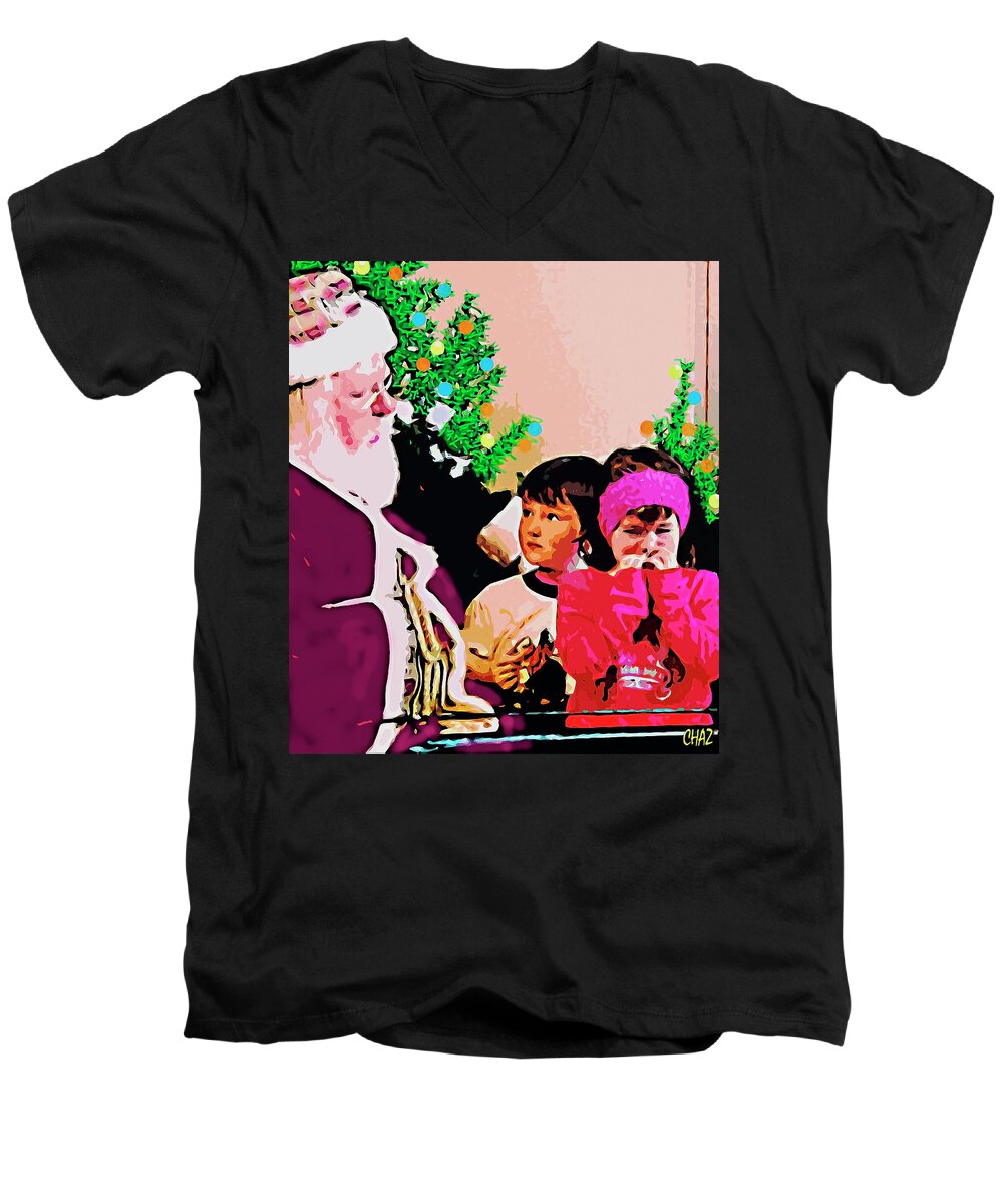 Christmas Men's V-Neck T-Shirt featuring the painting Santa and the kids by CHAZ Daugherty