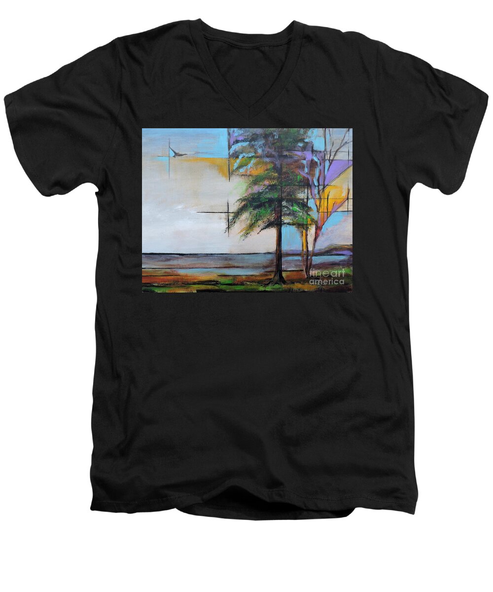 Lake Men's V-Neck T-Shirt featuring the painting Take Flight by Jodie Marie Anne Richardson Traugott     aka jm-ART