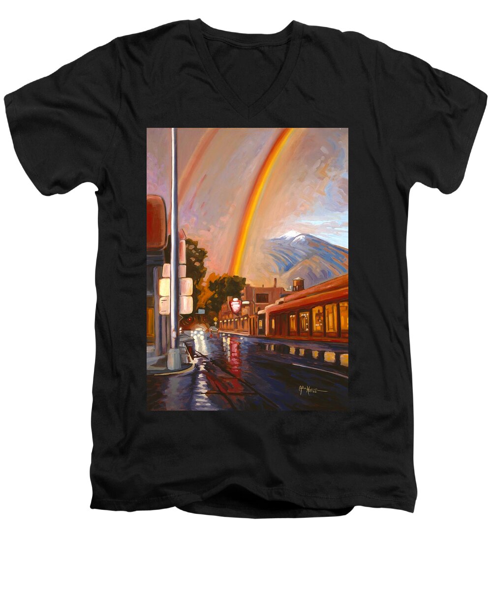 Taos Santa Fe Northern New Mexico Southwest Mountain Peak Rainbow Weather Plaza Inn Wet Street Corner Highway Weather Climate Spring Rain Puddles Water Reflections Ozone Mist Headlights Snow Capped Tourist Attraction Magnificent Beautiful Colorful Rural City High Desert Cityscape Men's V-Neck T-Shirt featuring the painting Taos Rainbow by Art West