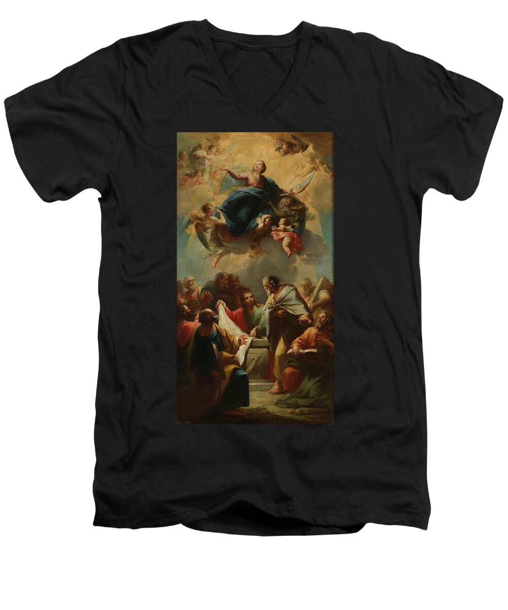 Mariano Salvador Maella Men's V-Neck T-Shirt featuring the painting 'The Assumption of the Virgin'. XVIII century. Oil on canvas. by Mariano Salvador Maella -1739-1819-
