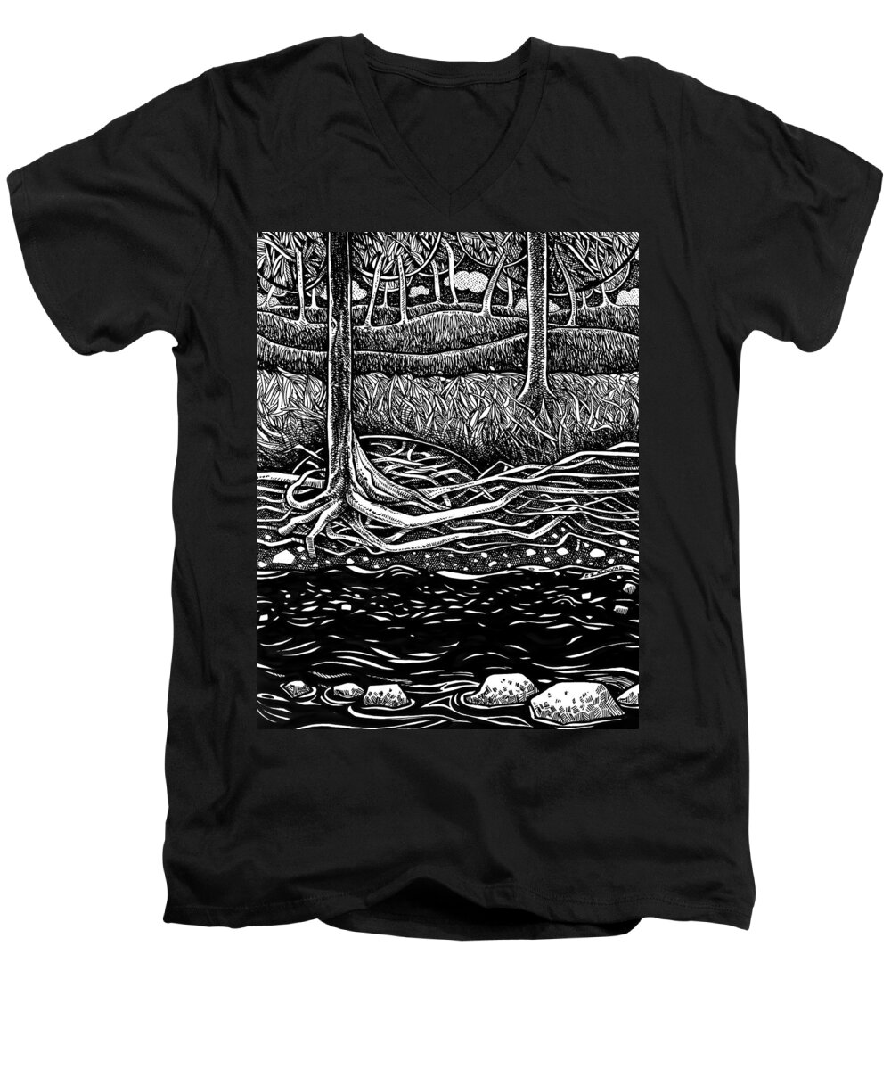 Drawing Men's V-Neck T-Shirt featuring the drawing The course of waters by Enrique Zaldivar