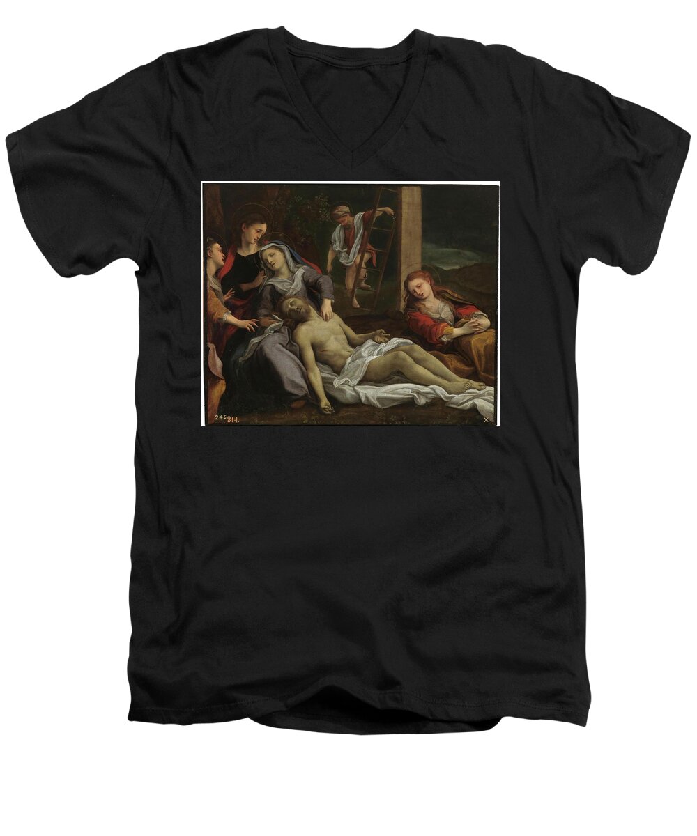 Anonymous Men's V-Neck T-Shirt featuring the painting 'The Descent from the Cross'. Mid-XVIcentury... by Anonymous