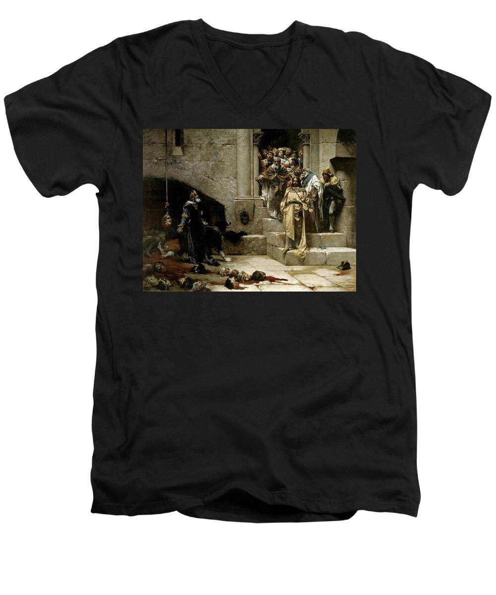 Jose Casado Del Alisal Men's V-Neck T-Shirt featuring the painting 'The Legend of the Monk King', 1880, Spanish School, Oil on canvas, 356 ... by Jose Casado del Alisal -c 1830-1886-