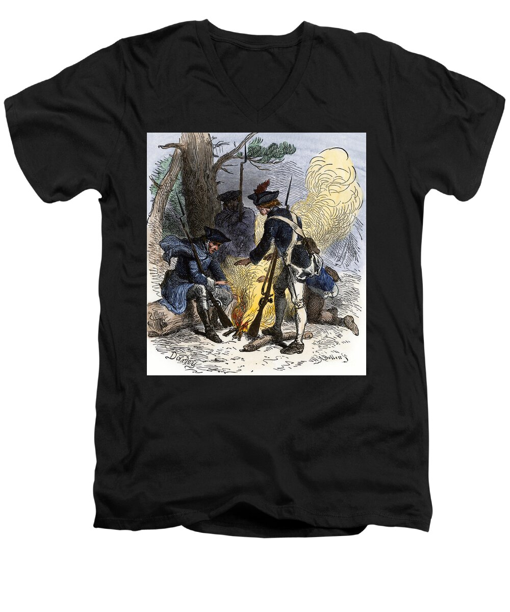 War Men's V-Neck T-Shirt featuring the drawing War Of Independence Or American Revolution (1775-1783) Tired American Soldiers Gather To Heat Themselves Around A Campfire In Valley Forge (pennsylvania) Coloured Water, 19th Century by American School