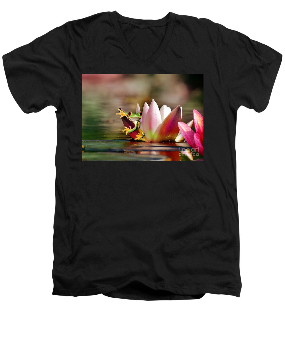 Red Eye Tree Frog Men's V-Neck T-Shirt featuring the mixed media Water Lily and Frog by Morag Bates