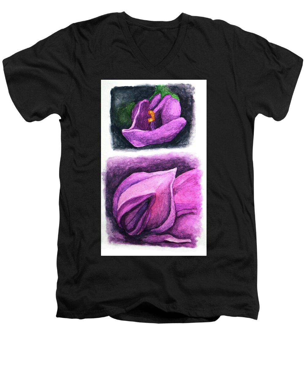 Nature Flowers Men's V-Neck T-Shirt featuring the painting Wisteria Buds Up Close I and II by Robert Morin