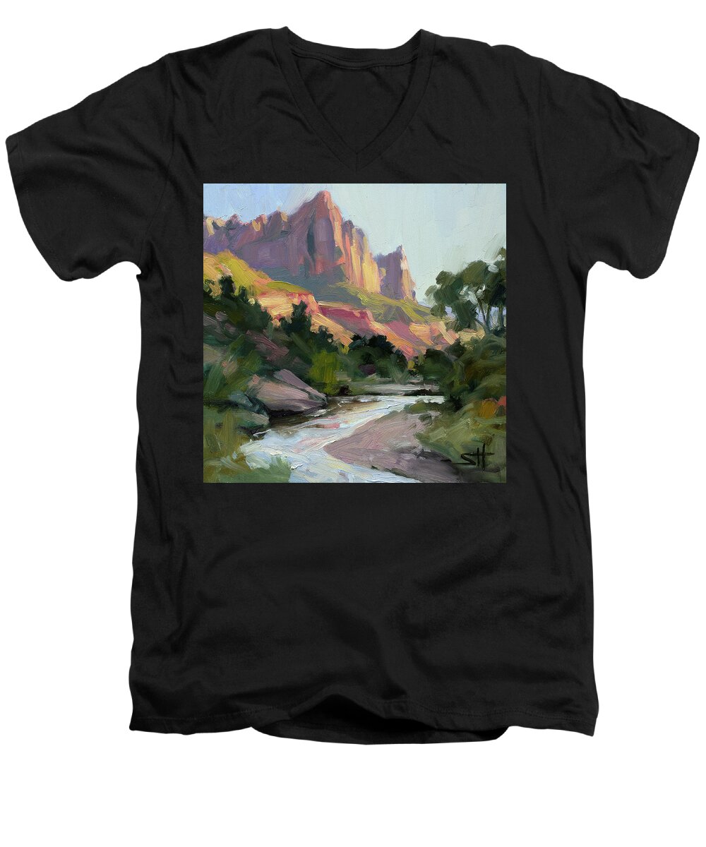 Zion Men's V-Neck T-Shirt featuring the painting Zion's Watchman by Steve Henderson