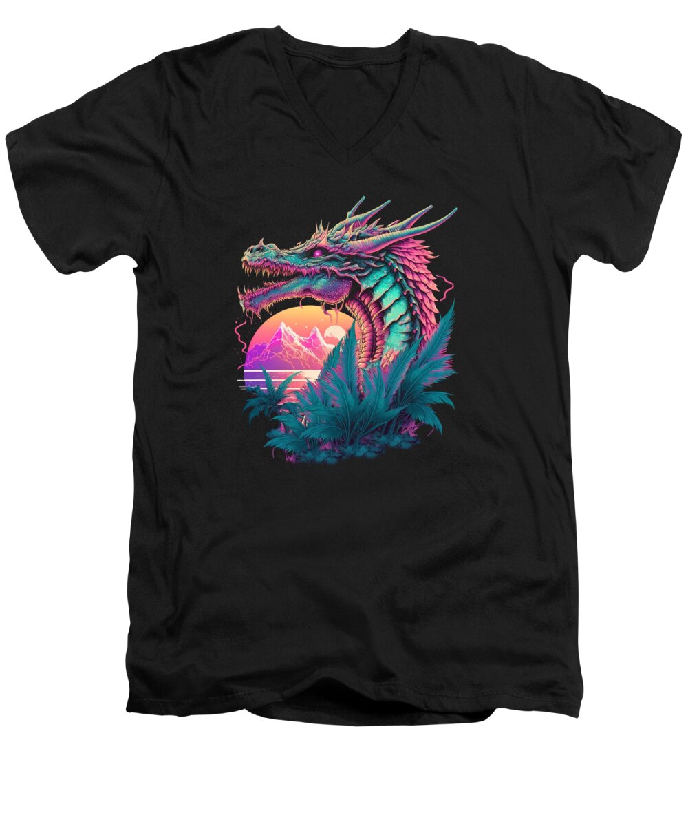 Dragon Men's V-Neck T-Shirt featuring the digital art Dragon Vaporwave Abstract Landscape Moon Tree Waterfall #1 by Toms Tee Store