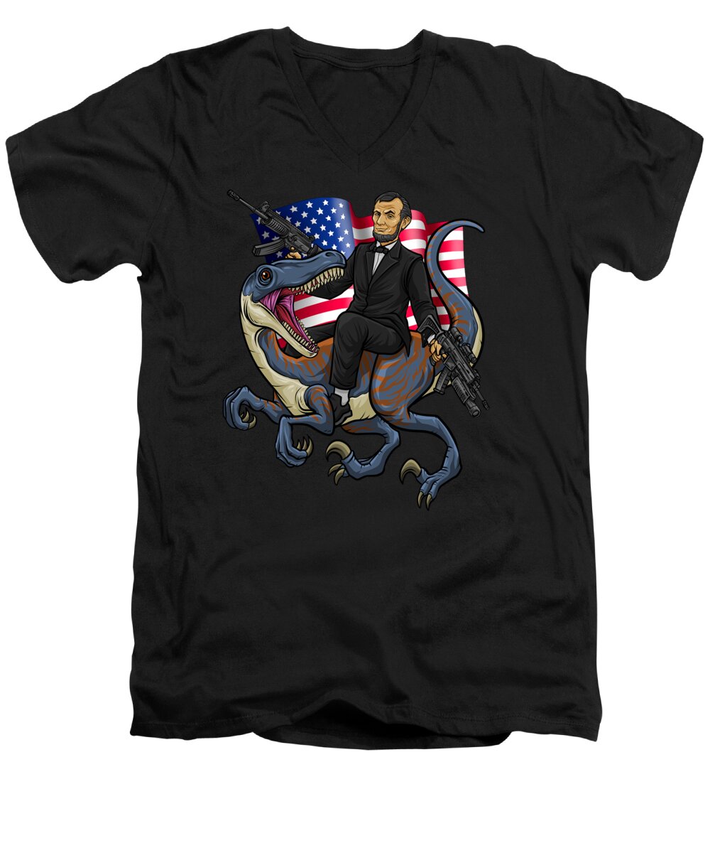 Patriotism Men's V-Neck T-Shirt featuring the digital art Epic Abraham Rides A Dinosaur Merica USA #1 by Mister Tee