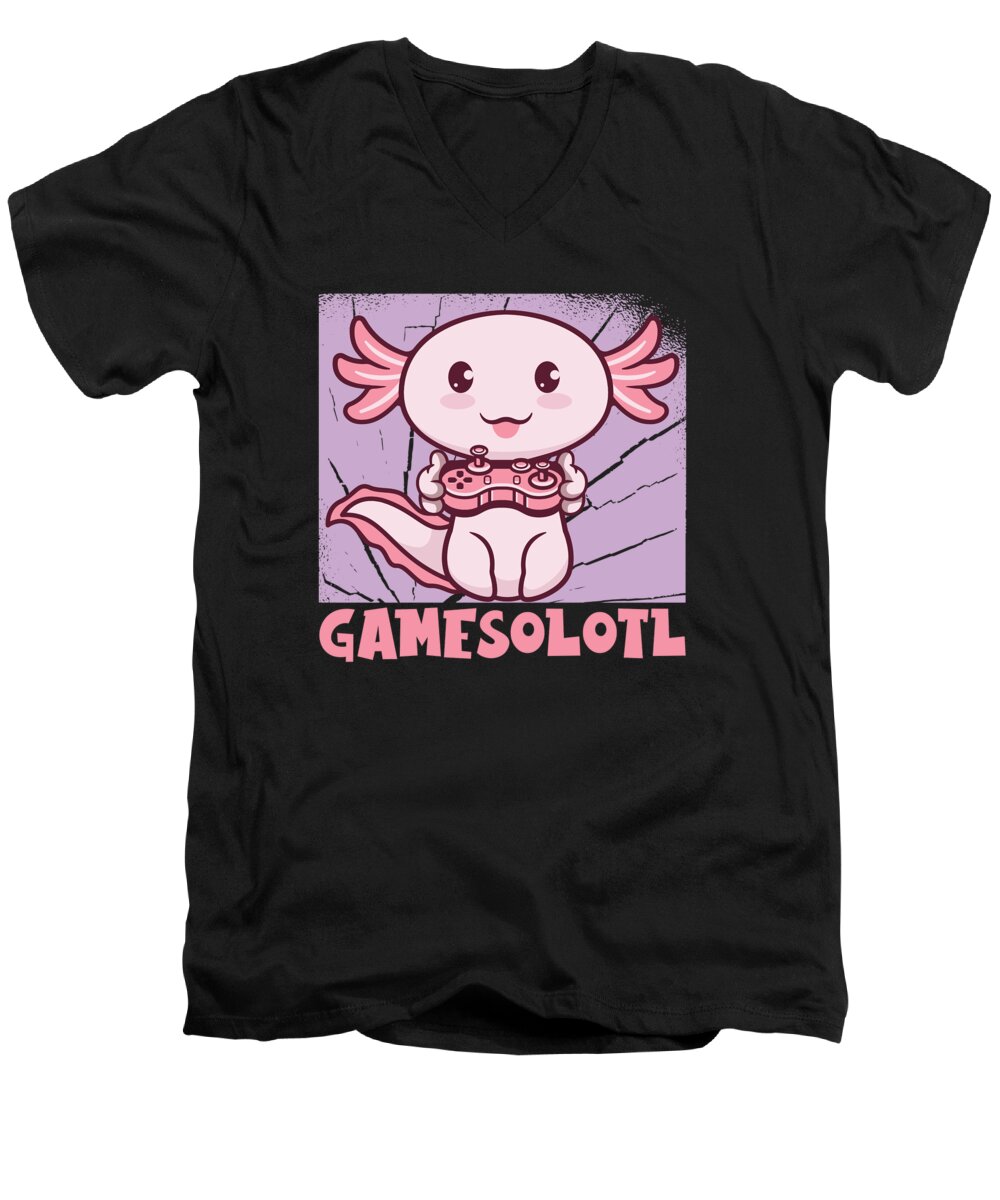 Axolotl Men's V-Neck T-Shirt featuring the digital art Gamesolotl Cute Kawaii Axolotl #1 by Toms Tee Store