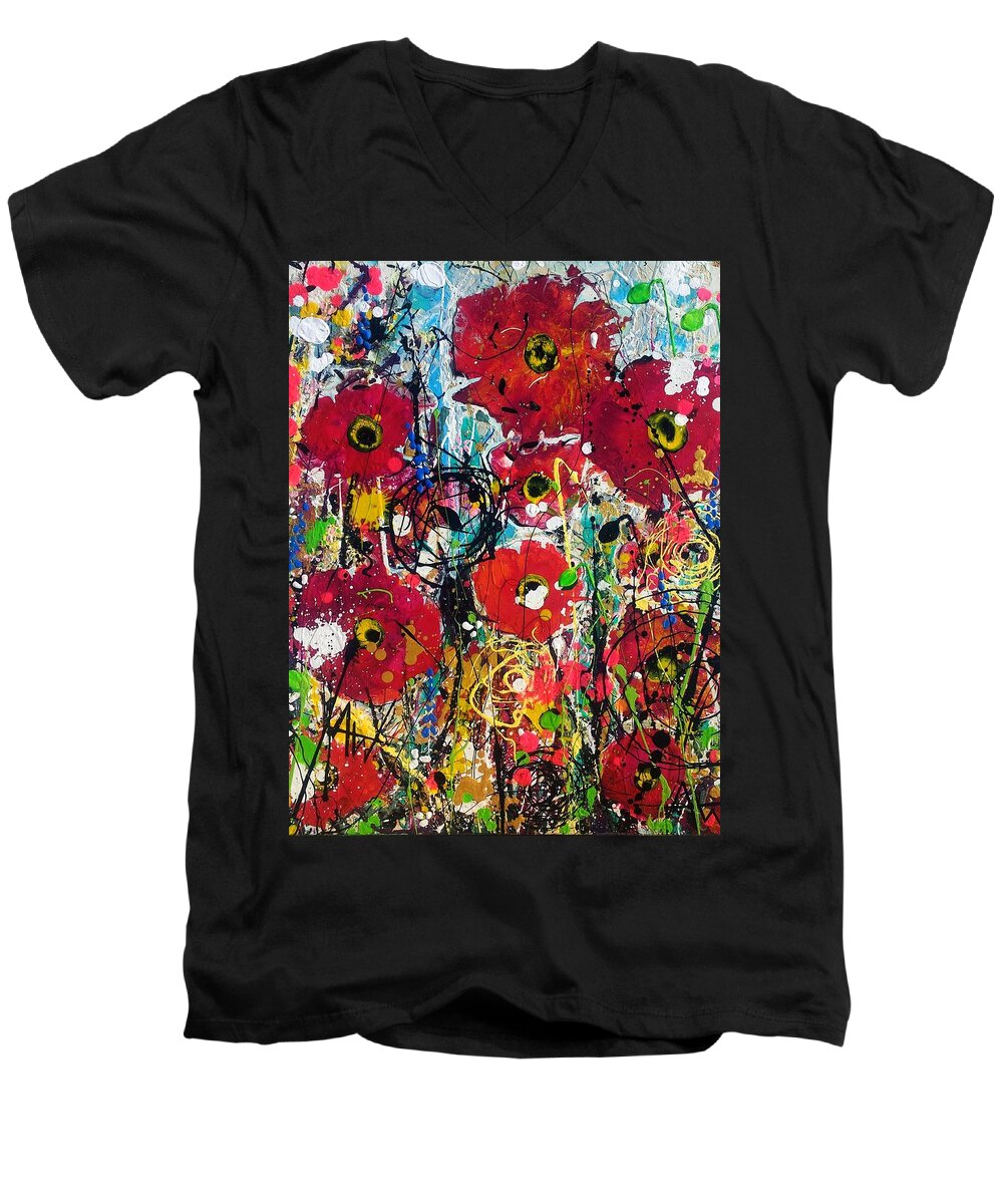 Poppies Men's V-Neck T-Shirt featuring the painting Polka dot poppies #1 by Angie Wright