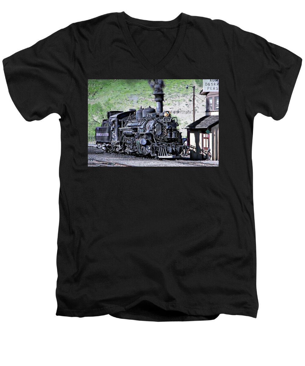 1923 Vintage Railroad Steamtrain Locomotive Vintage Locomotive Train Photography Men's V-Neck T-Shirt featuring the photograph 1923 Vintage Railroad Train Locomotive by Jerry Cowart