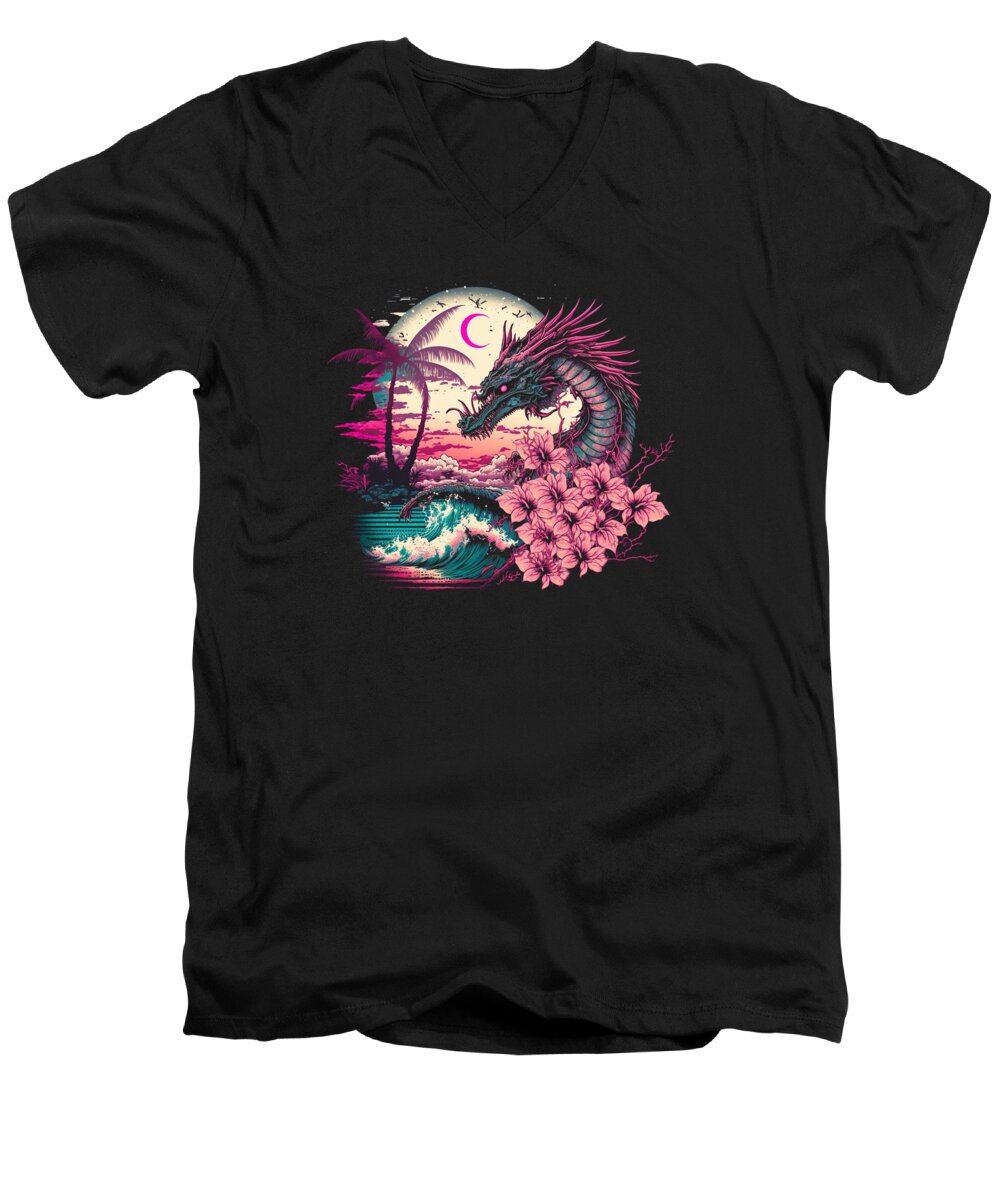 Dragon Men's V-Neck T-Shirt featuring the digital art Dragon Vaporwave Abstract Landscape Moon Tree Waterfall #2 by Toms Tee Store