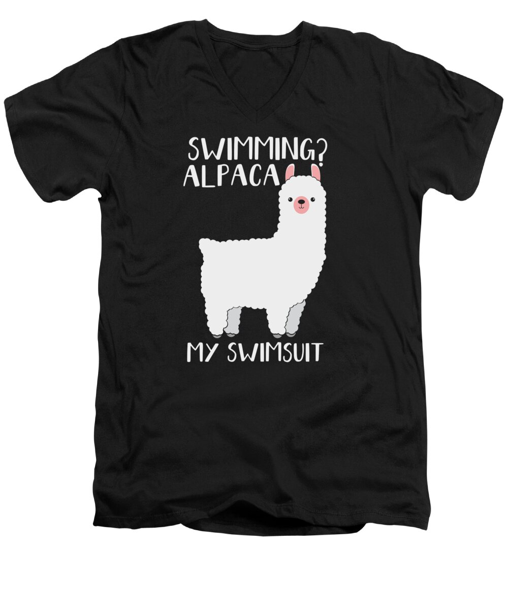 Swimmer Men's V-Neck T-Shirt featuring the digital art Funny Alpacas Swimmer Swimming Pool Alpaca Lover Swim #3 by Toms Tee Store