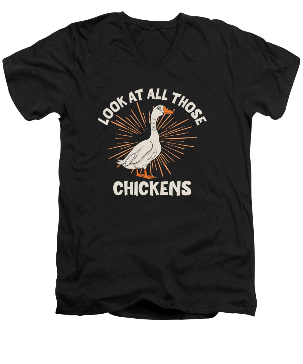 Goose Men's V-Neck T-Shirt featuring the digital art Goose Chickens Farm Animal Cartoon Farmer #3 by Toms Tee Store