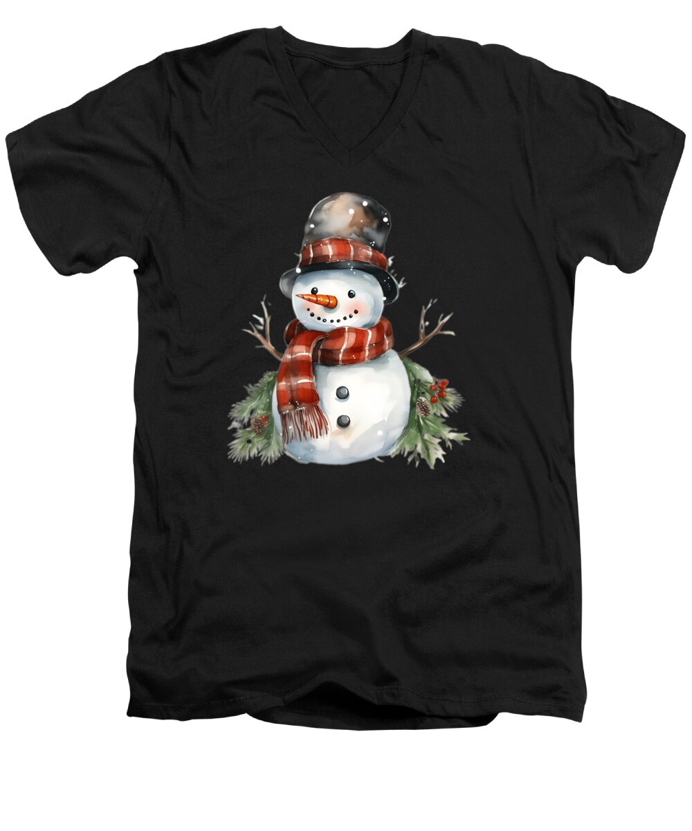 Skiing Men's V-Neck T-Shirt featuring the digital art Snowman with Carrot Nose Scarf Winter Christmas #9 by Heidi Joyce