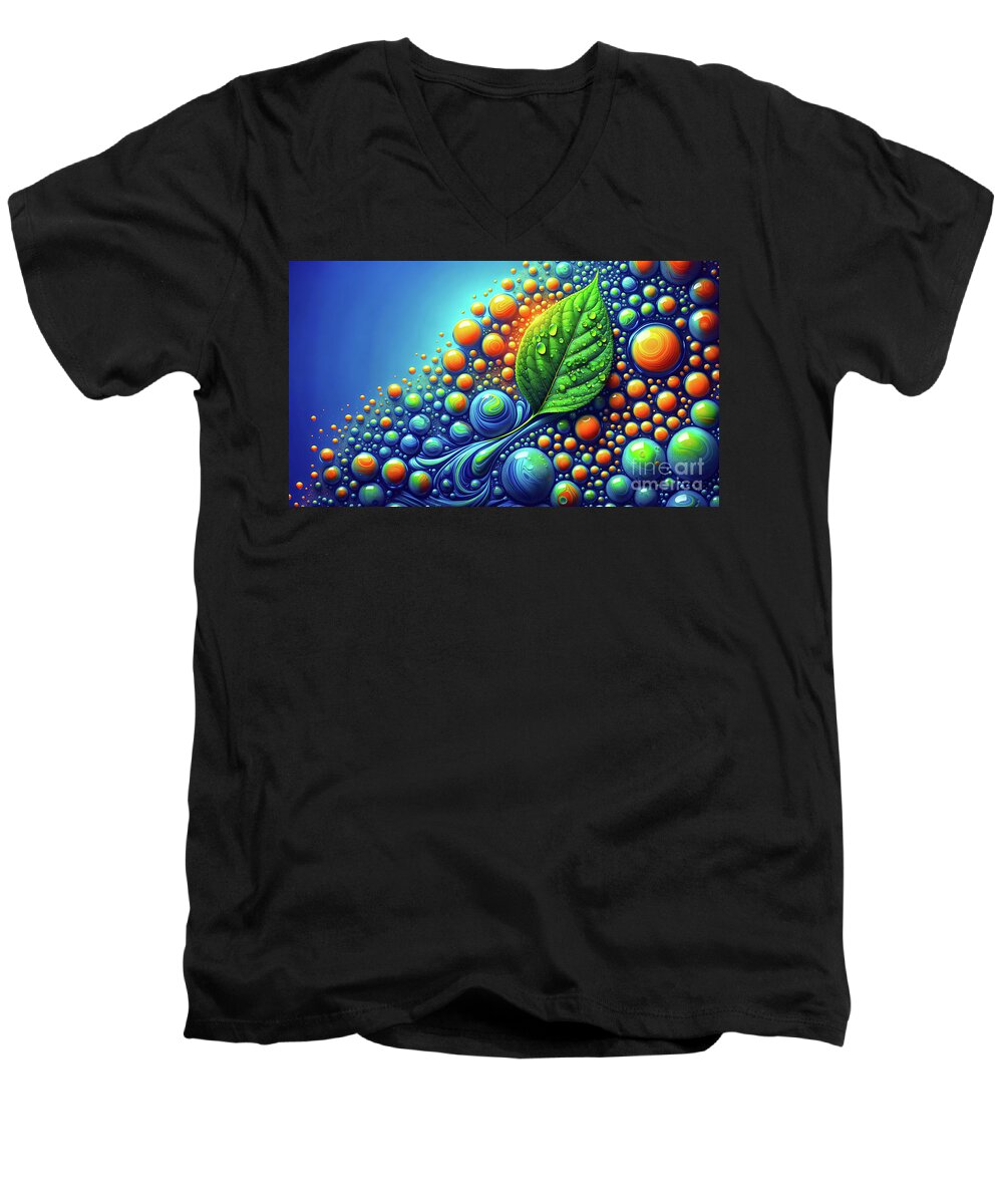 Bubbles Men's V-Neck T-Shirt featuring the digital art A vivid digital artwork with a green leaf. by Odon Czintos