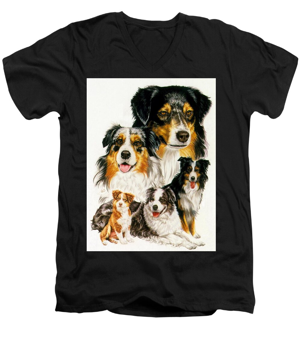 Purebred Men's V-Neck T-Shirt featuring the drawing Australian Shepherd Collage by Barbara Keith