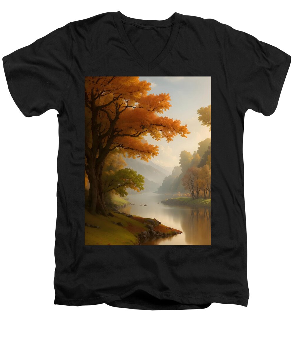 Autumn Men's V-Neck T-Shirt featuring the digital art Autumn Scene by Mark Greenberg