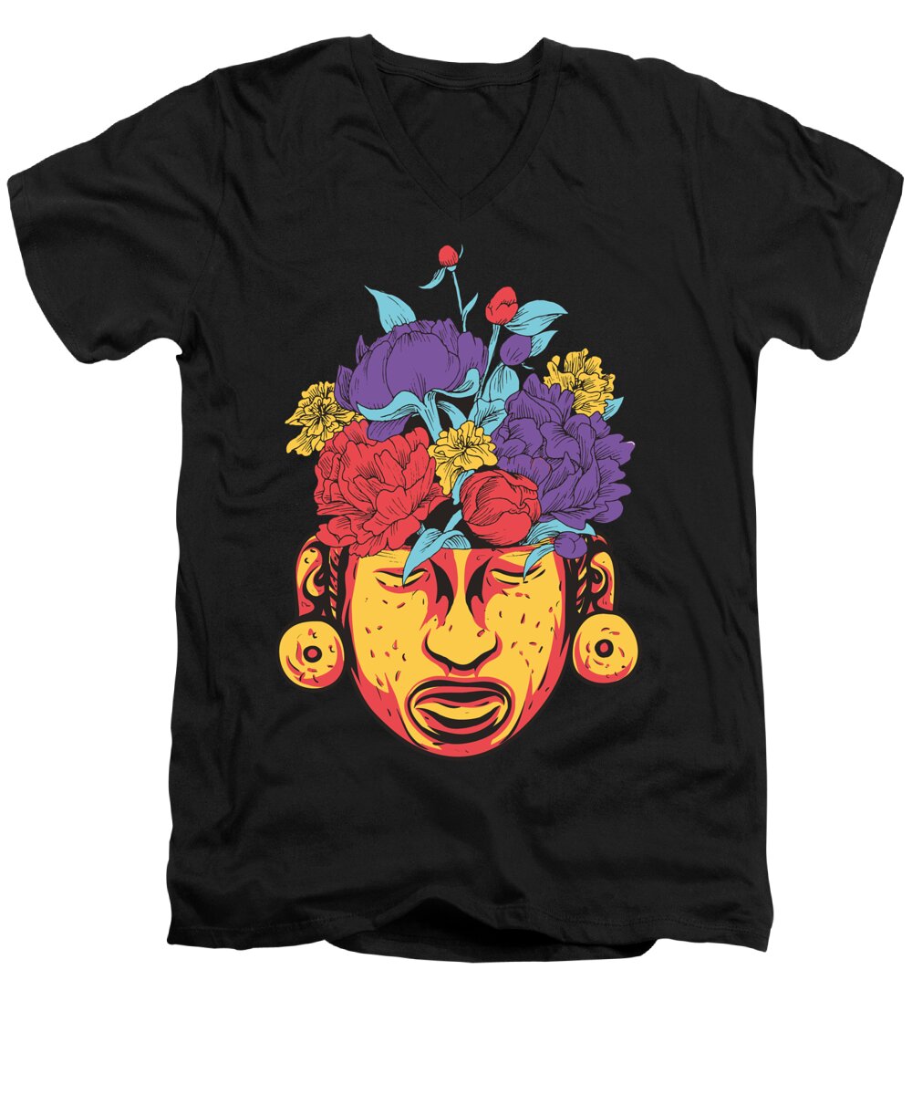 Aztec Men's V-Neck T-Shirt featuring the digital art Aztec Statue Head colorful Flower Bouquet by Matthias Hauser