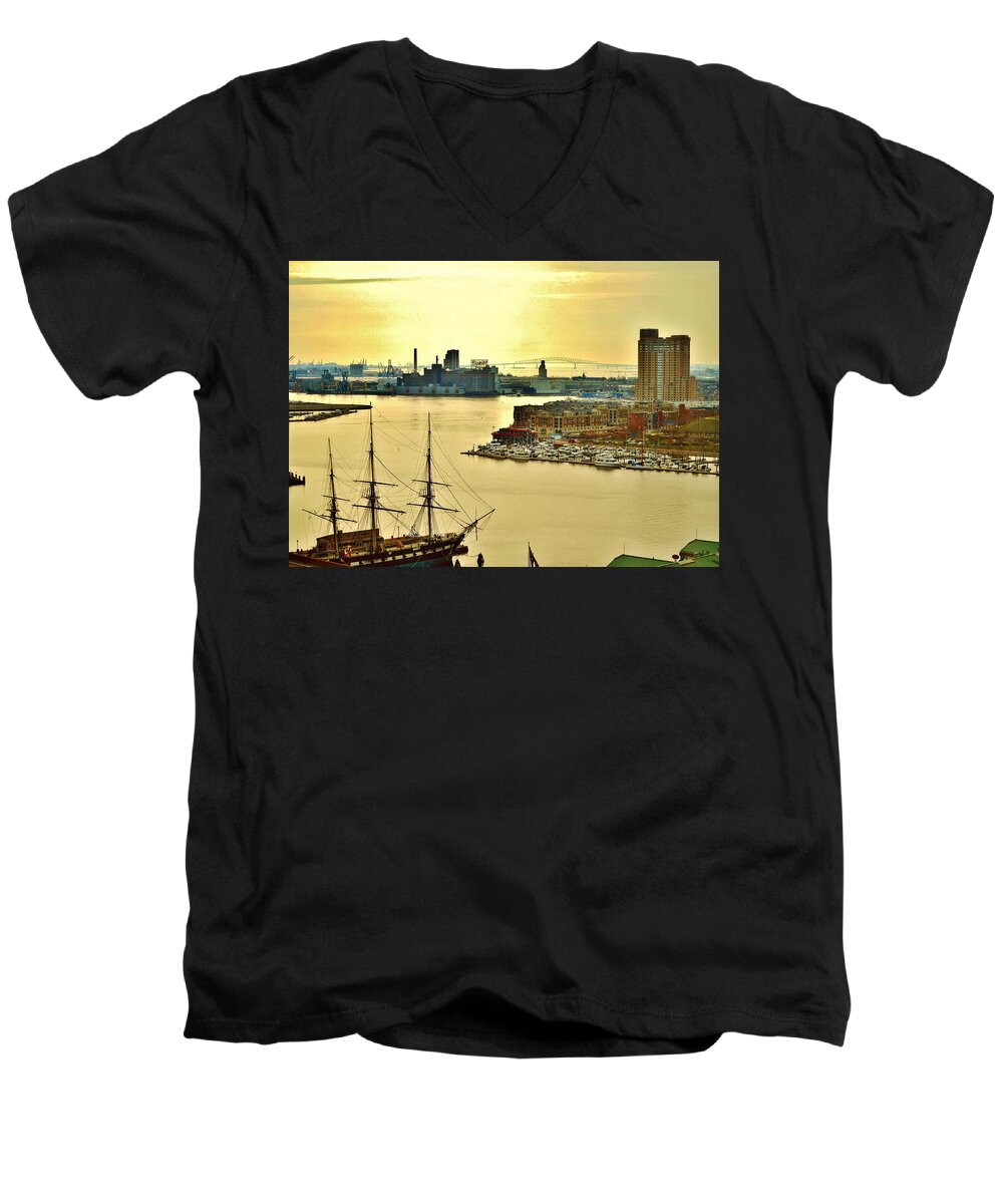 Sunrise Men's V-Neck T-Shirt featuring the photograph Baltimore's Golden Sunrise by Billy Beck