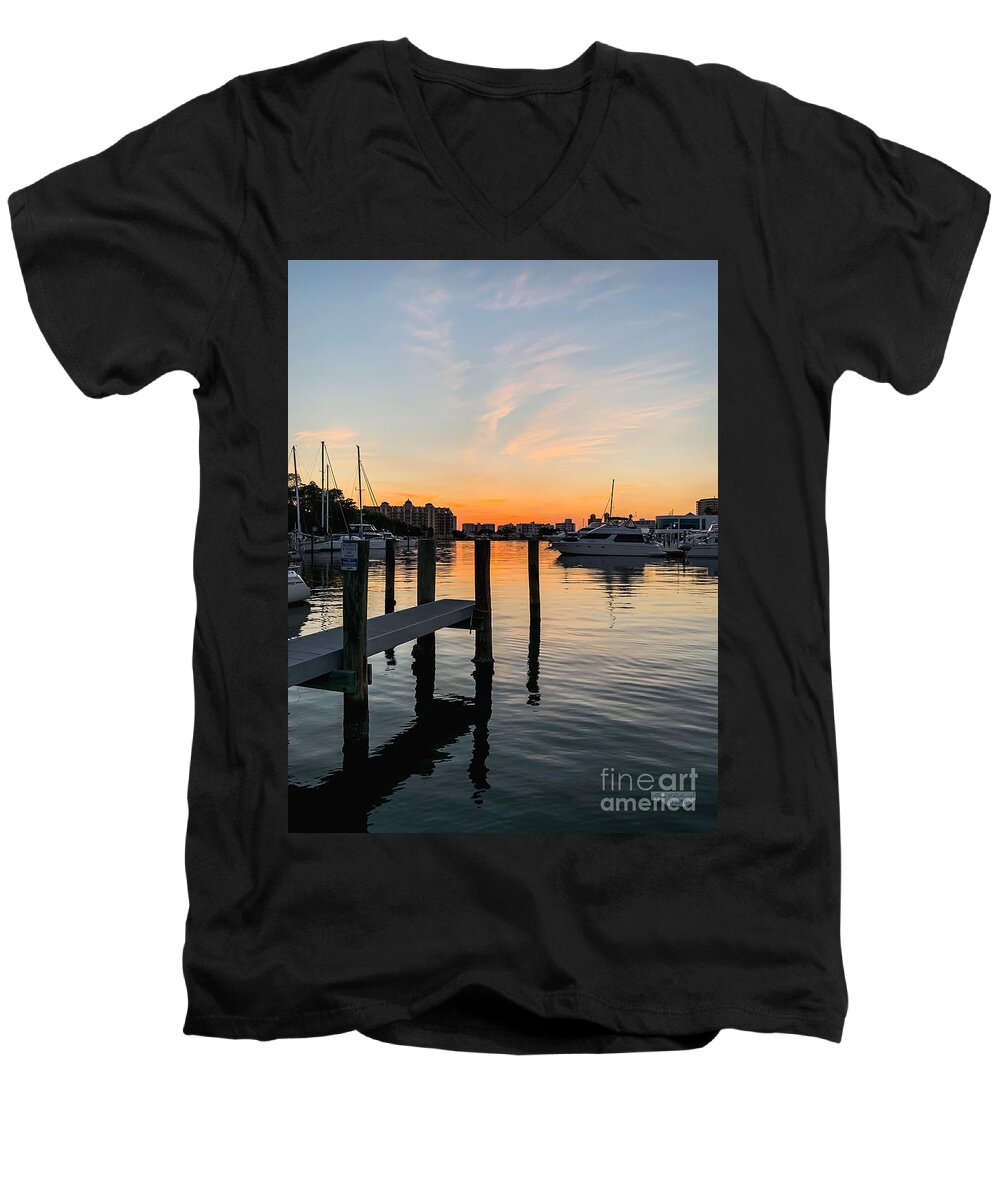 Bayfront Men's V-Neck T-Shirt featuring the photograph Bayfront Park Marina Sunset by Gary F Richards