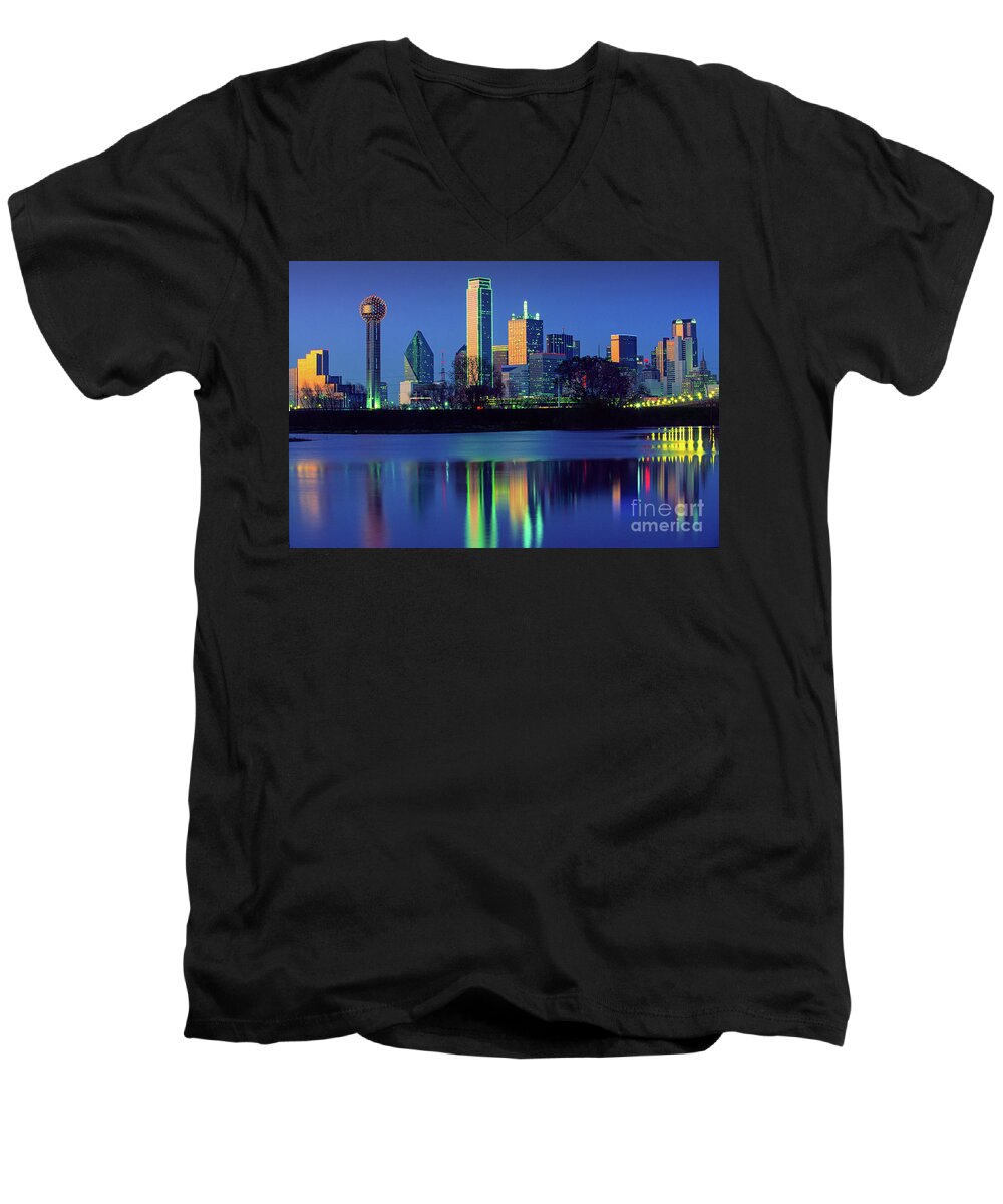 Dallas Men's V-Neck T-Shirt featuring the photograph Big D Reflection by Inge Johnsson