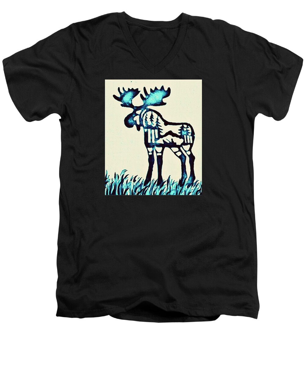 Moose Men's V-Neck T-Shirt featuring the pyrography Blue Moose by Larry Campbell