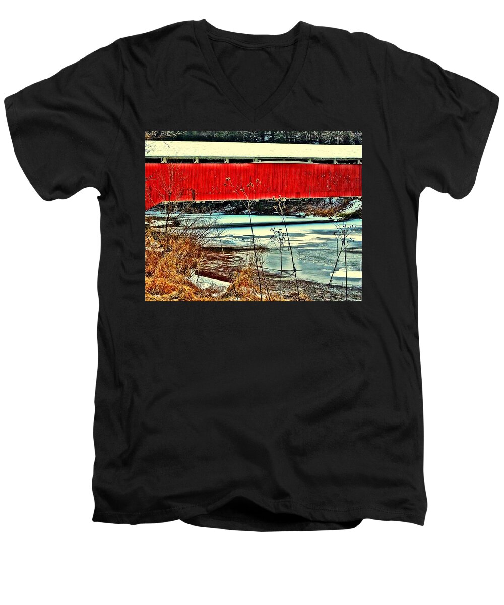 Geiger's Covered Bridge Men's V-Neck T-Shirt featuring the photograph Bridge Over Frosted Water by Tami Quigley