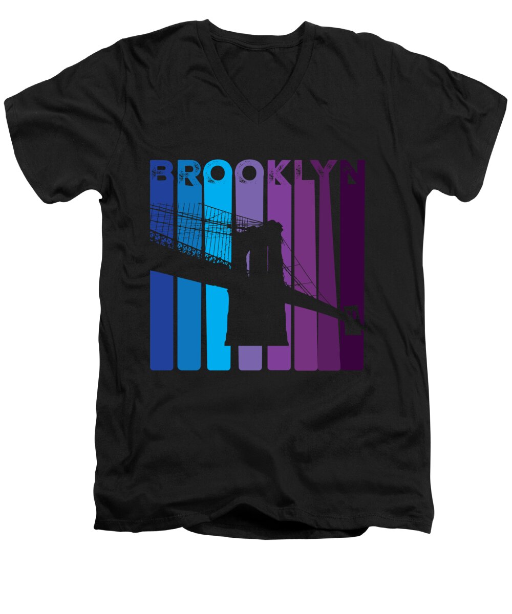 Brooklyn Bridge Men's V-Neck T-Shirt featuring the digital art Brooklyn Bridge 1970s Style Colorful New York City NY by Lance Gambis